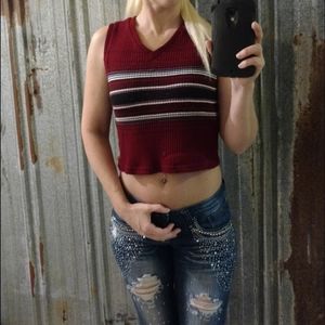VINTAGE Sexy Sleeveless Striped Vneck Small Ribbed Cropped Sweater